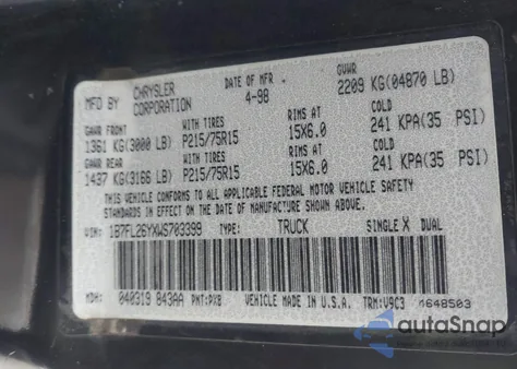 1998 Dodge Dakota Slt/Sport z USA, uszkodzony, nr VIN 1B7FL26YXWS703399